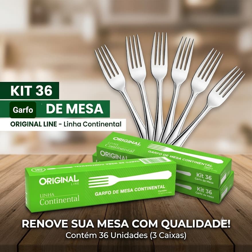 Kit C/36 Garfo Mesa Metal Inox Line Continental Restaurante