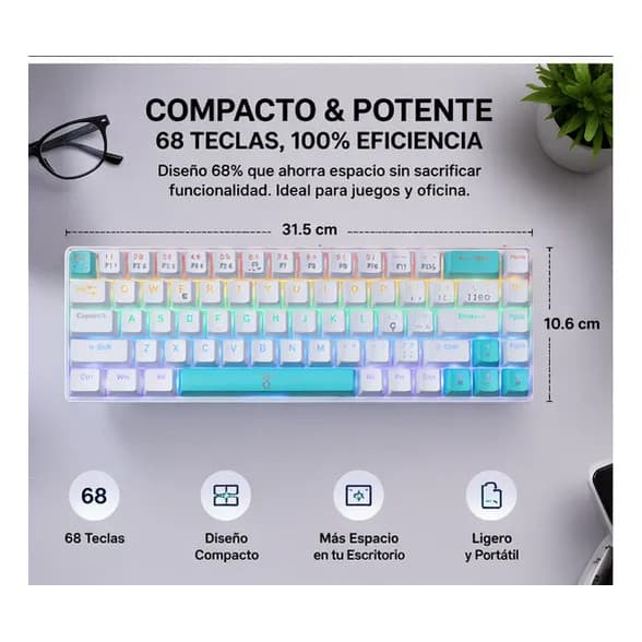 Delta Teclado Mecânico Gamer Red Switch RGB Design Compacto 68 Teclas 65% Profissional ABNT2 Teclas Gamer E Escritório