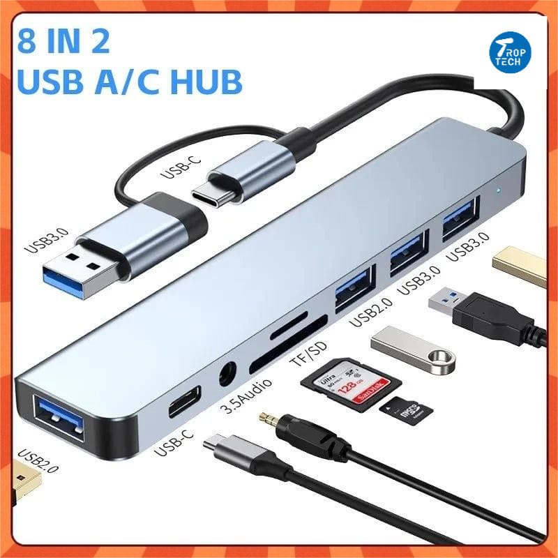 8 Em 1 Hub Tipo C Multiportas 2.0/3.0 SD TF para MacBook Air, Dell, Lenovo-TROP