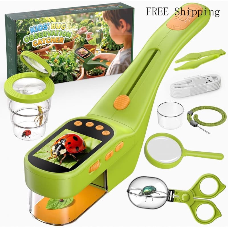 Microscópio Portátil para Crianças, Brinquedo STEM para Exploração ao Ar Livre com Ferramentas Extras, Tela IPS de 2,4",