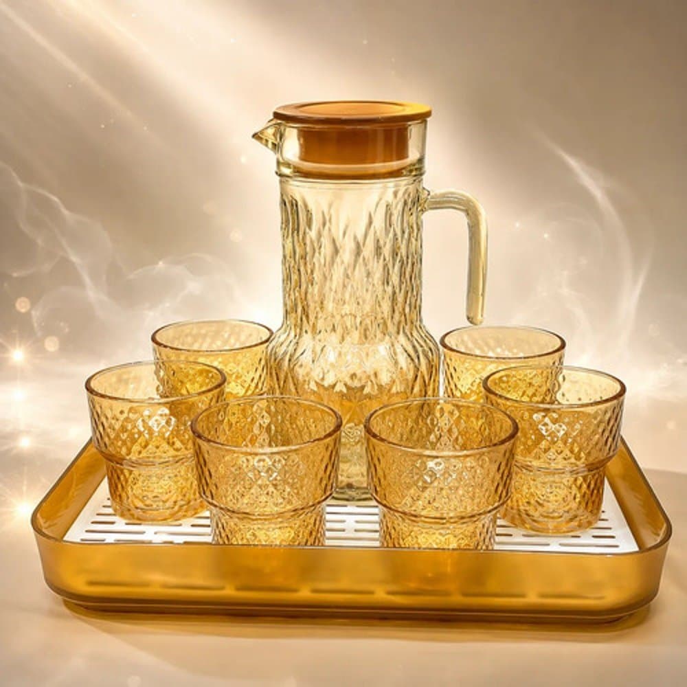 Jogo De Jarra Vidro 1,4l C/ 6 Copos 240ml E Bandeja 8 Peças Âmbar