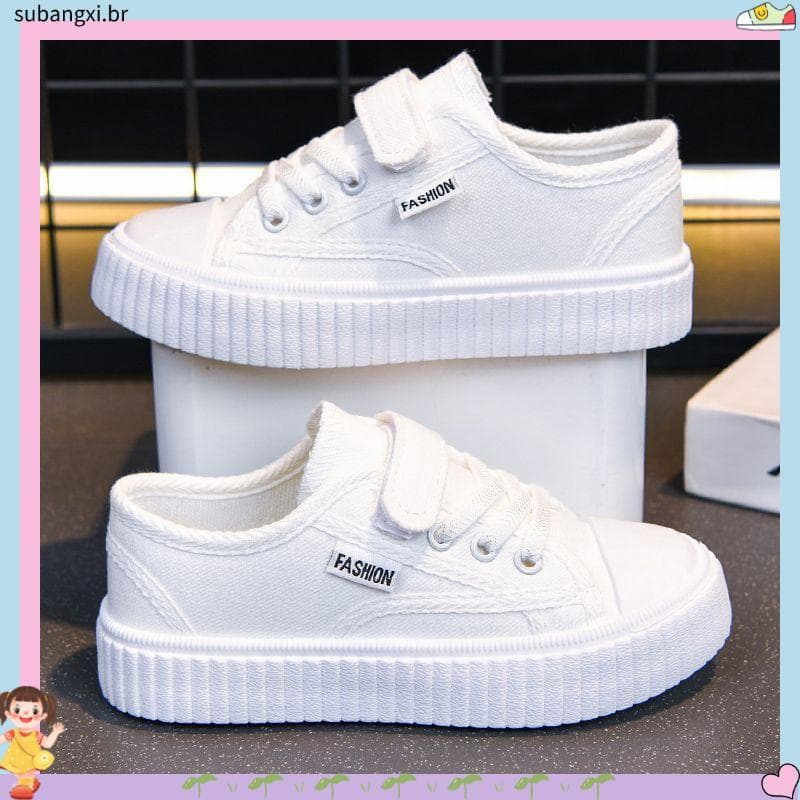 Dia das crianças lona sapatos brancos meninas 2026 novo estilo sola macia antiderrapante respirável estudante meninos tê