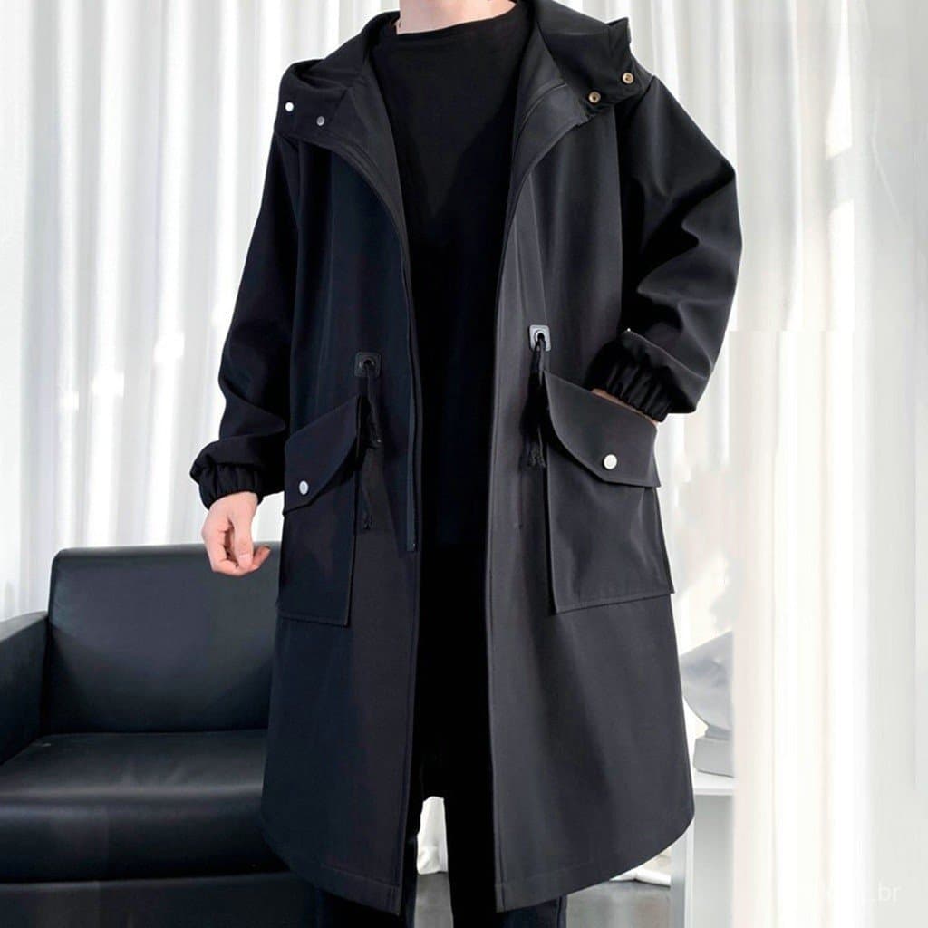 Casaco Trench Masculino Com Capuz Solto Comprimento Médio Bolsos Grandes Manga Comprida À Prova De Vento Cor Sólida Fech