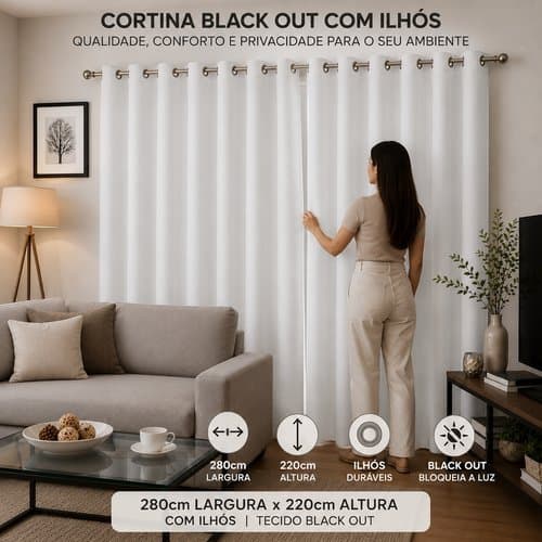 Cortina Blackout Ilhos Preto 280x220 Bloqueio Luz Privacidade Ambiente Quarto Sala