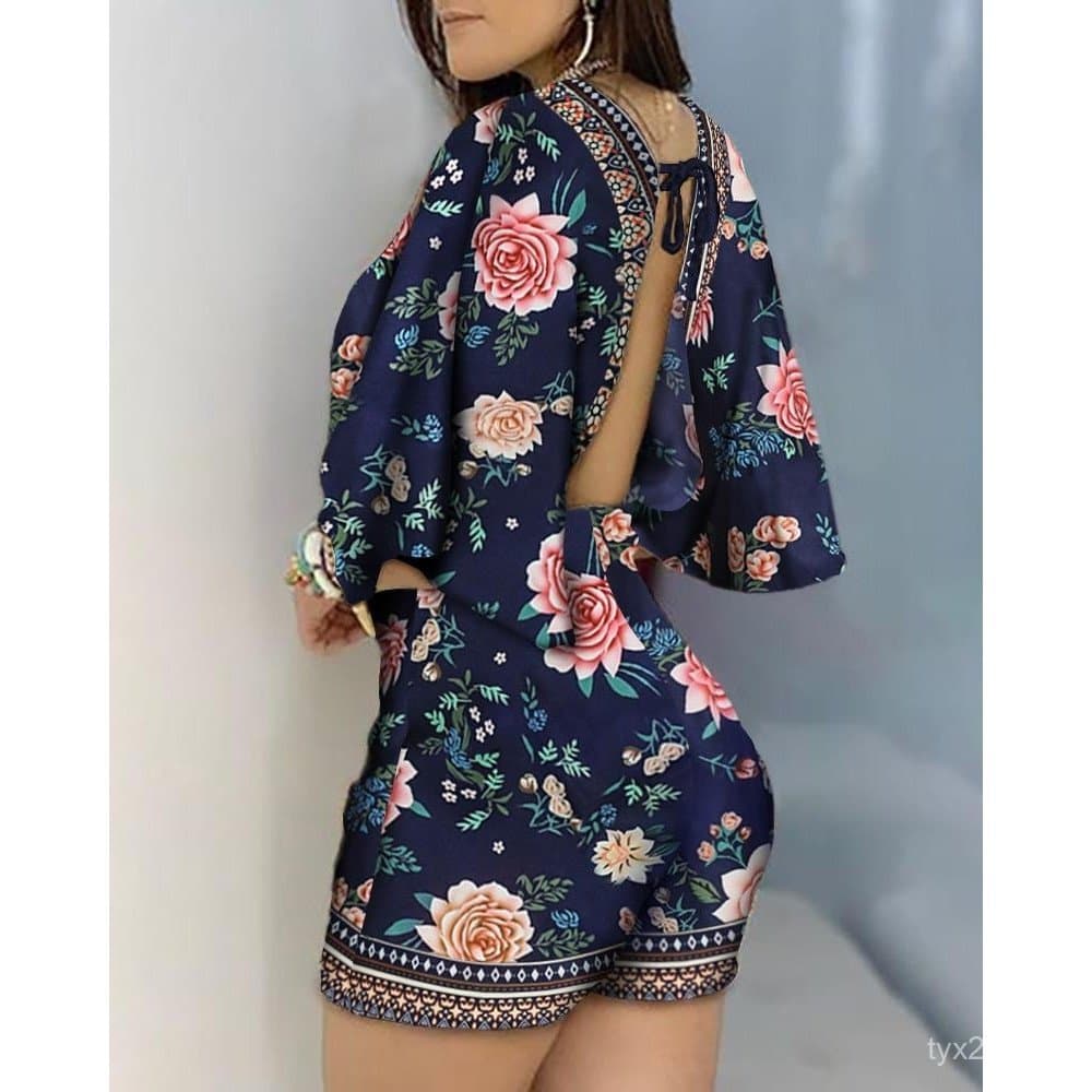 GUOJH Macacão feminino casual, verão, estampa floral, 2024, manga 3/4, costas abertas, roupas femininas