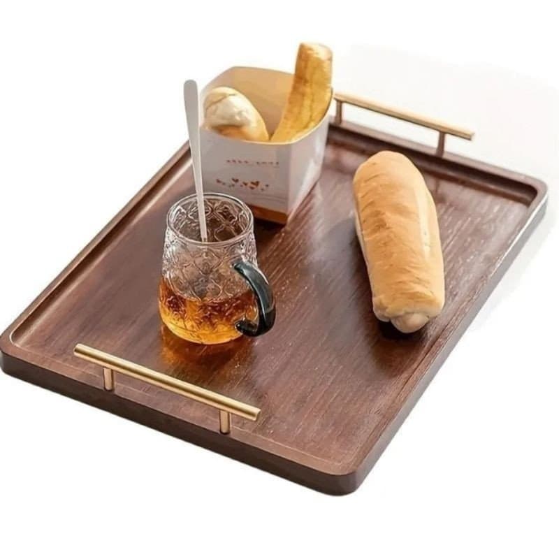 Bandeja De Madeira Com Alça De Metal Luxo Premium Servir Café Chá Decoração Mesa Sala