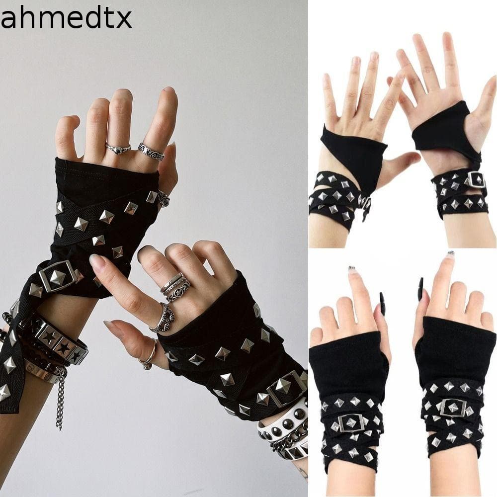Luvas De Rebite De Metal AHMEDTXB , Meio Dedo Harajuku Y2K , Pulseira Punk Preta Sem Dedos Hip hop