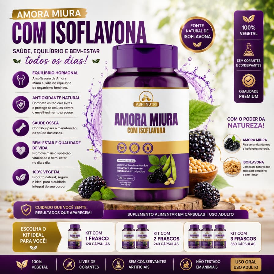 Amora Miura com Isoflavona -120 Cápsulas de 500 mg - Kits Com 1, 2 e 3 Frascos. ABHI Nutri