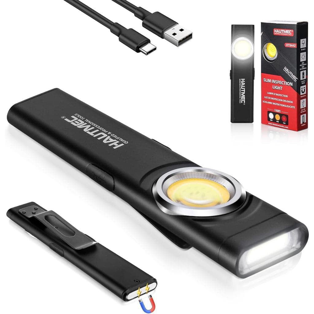 Lanterna Plana Recarregável HAUTMEC 500LM EDC, Lanterna de Bolso Slim com 12 Modos, Base Magnética e Clipe, Luz Dupla, R