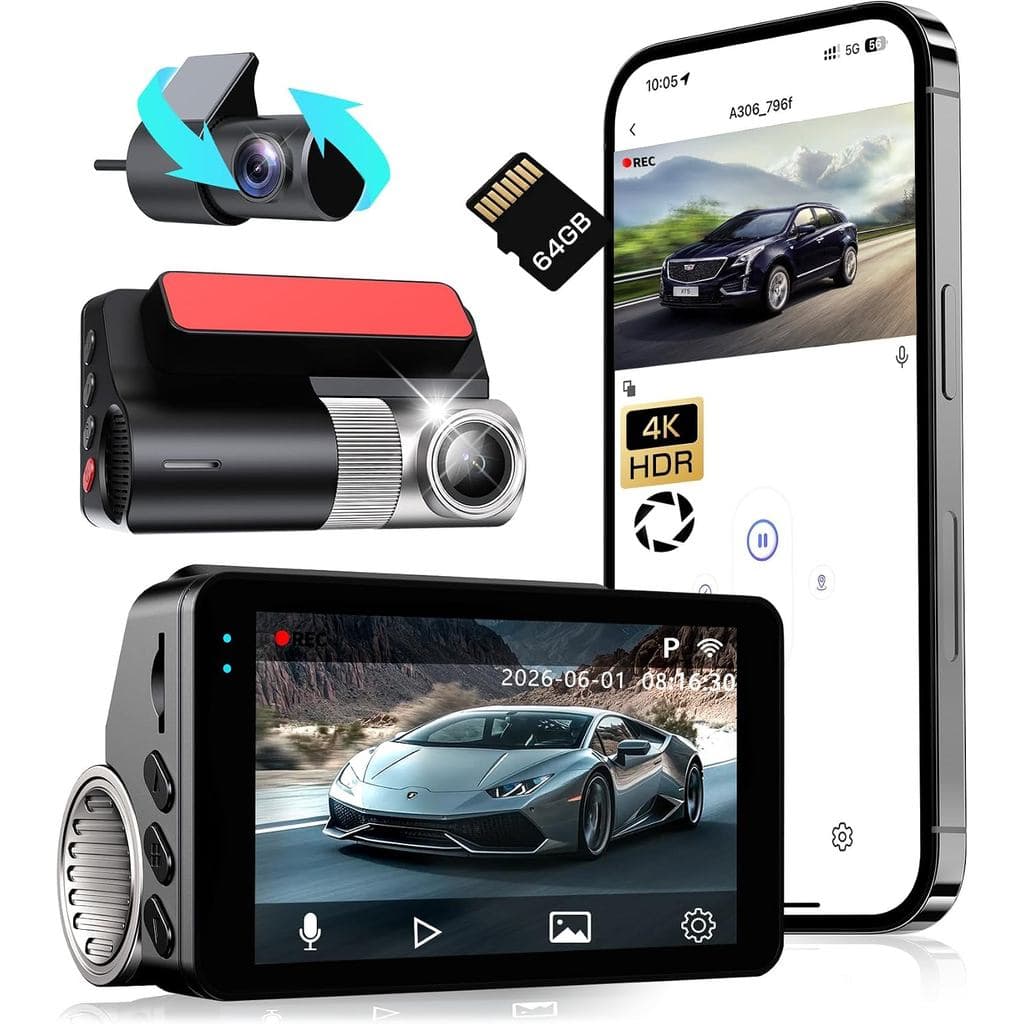 Câmera Veicular 4K Frontal e Traseira, Sensor G, Cartão de 64GB Grátis Incluído, WiFi 5.8GHz com Câmera Veicular para Ca