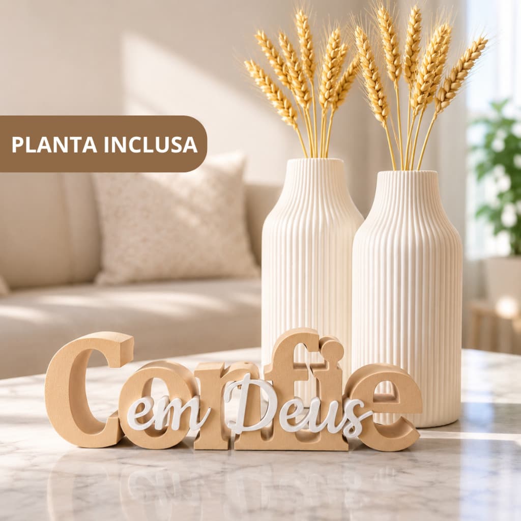 Kit Decorativo Confie em Deus com Vasos e Trigo Inclusos | Decoração Elegante para Sala, Quarto e Escritório | Presente
