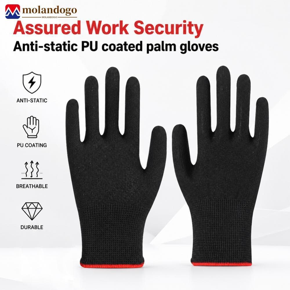 Milandogo 12 Pares De Nylon Antiestático Preto PU Luvas De Proteção Revestidas De Palma Trabalho Respiráveis Antiderrapa