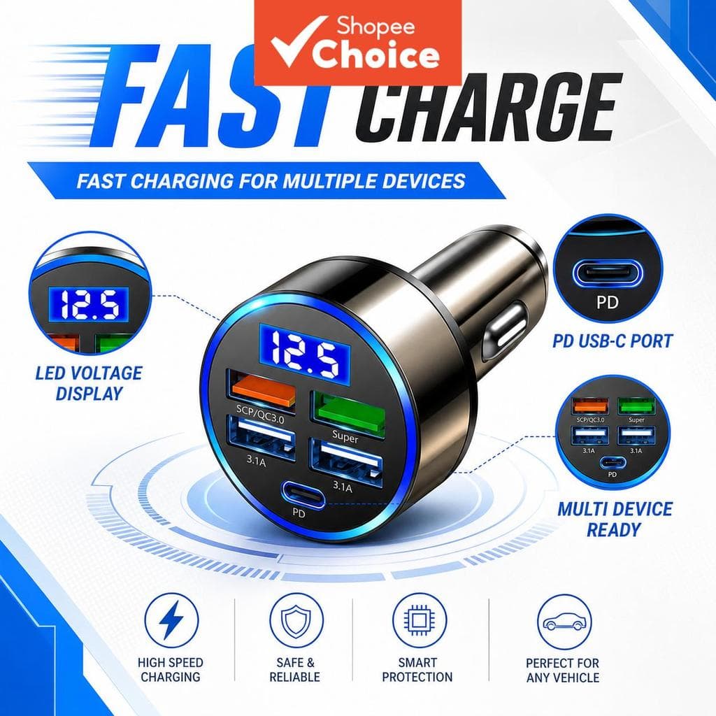 Carregador Veicular 6 Portas, Carregador Rápido QC3.0, Multifuncional, Adaptadores PD com Display, Soquetes Automáticos