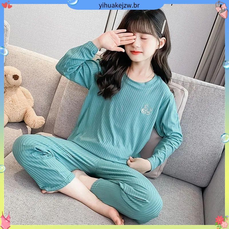 Primavera outono versão coreana novo estilo de manga comprida pijamas para meninas conjunto médio grande crianças ar con