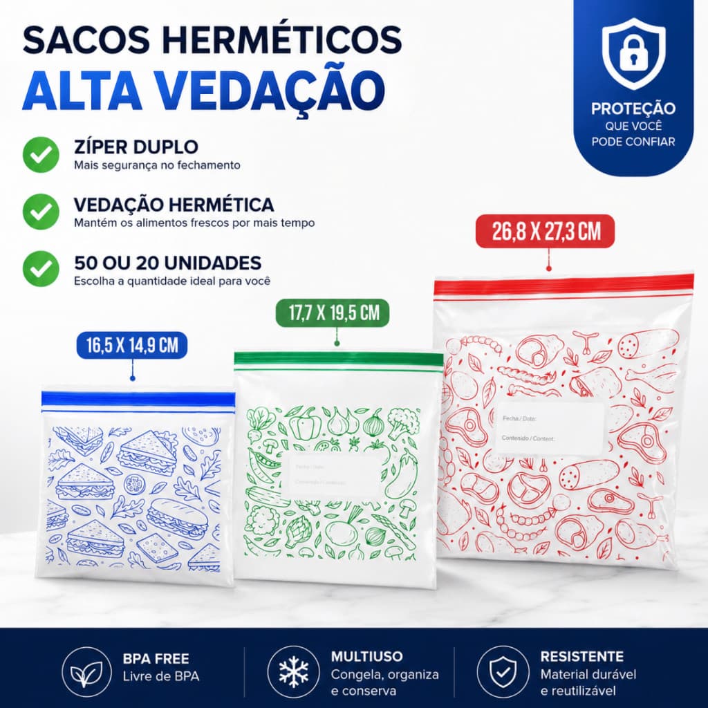 Kit 20/50 Sacos Herméticos Armazenar Congelar Alimentos Ziplock Reutilizável Alta Vedação