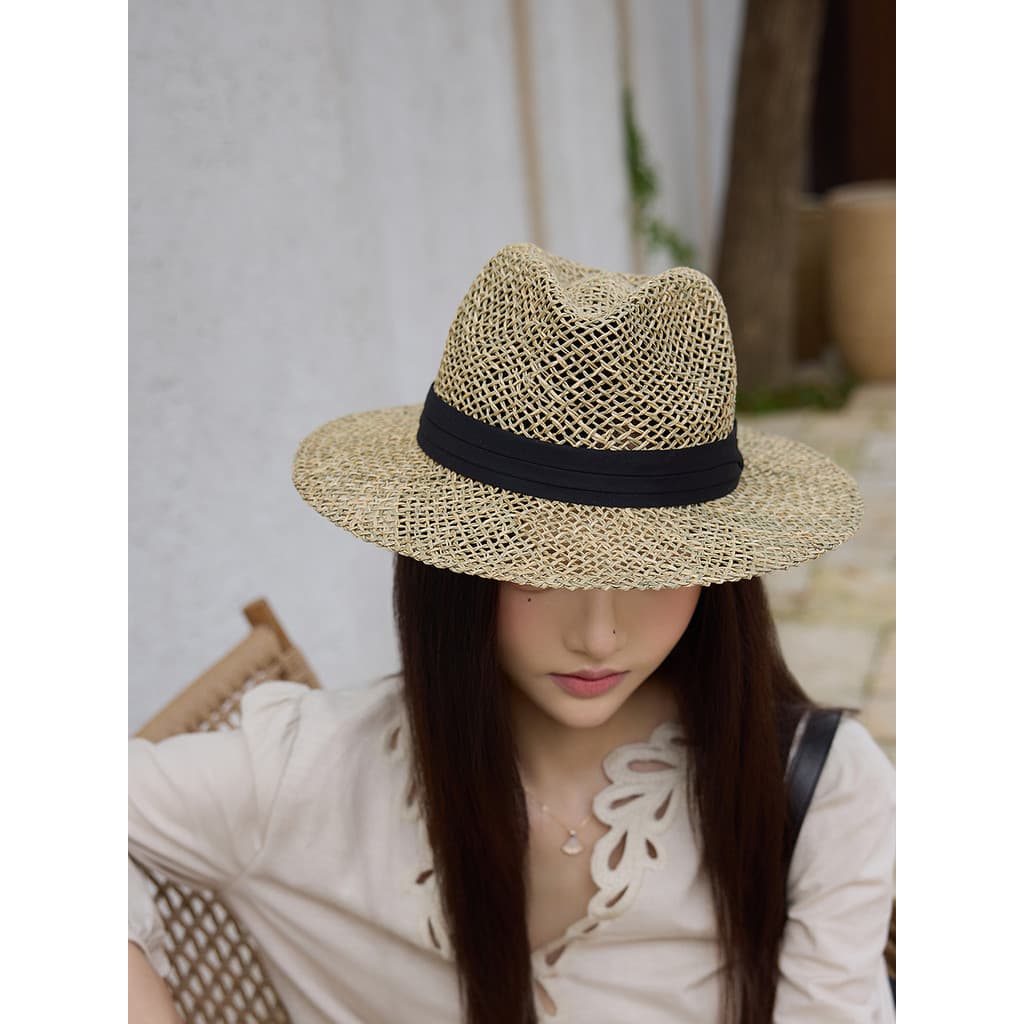 Retro oco panamá chapéu superior feminino primavera verão férias à beira-mar chapéu de palha salgado palha tecido chapéu