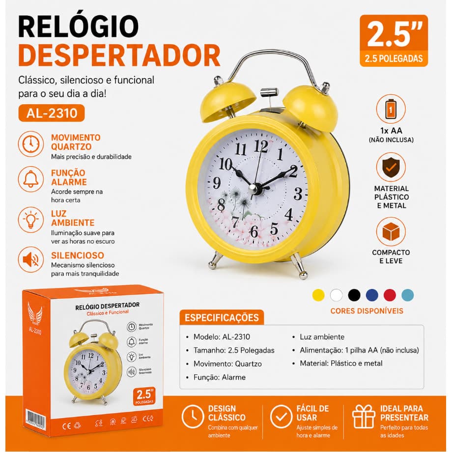 Relógio de Mesa Despertador Analógico 2.5" Quartzo Silencioso com Alarme e Luz Noturna