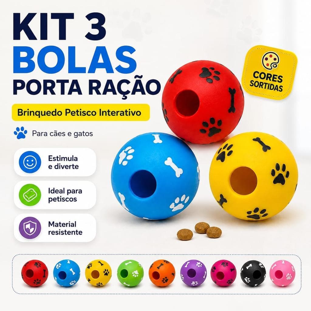 Kit 3 Bolas Porta Ração Pet Interativa Brinquedo Petisco para Cães e Gatos