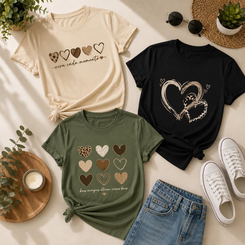 Kit 3 Camisetas Animal Print Corações Estampadas Aesthetic Estilo Casual