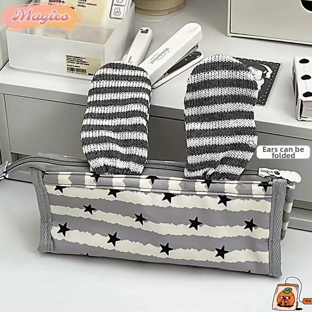 Lápis MAGICO , Bolsa De Papelaria Multicamadas Com Design De Orelha De Coelho Listrada Caneta De Grande Capacidade Estam