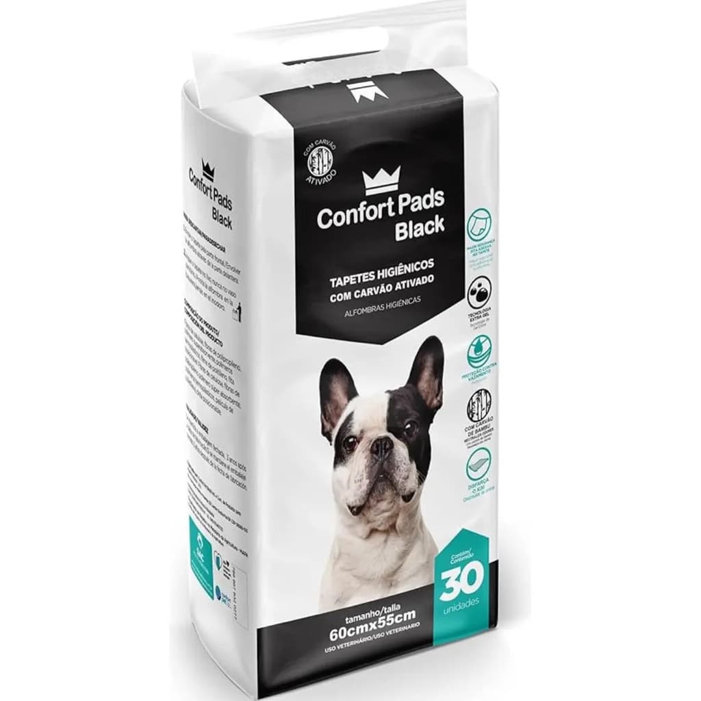 Tapete Higiênico Confort Pet Black 60x55cm C/ Carvão Ativado 30 Un