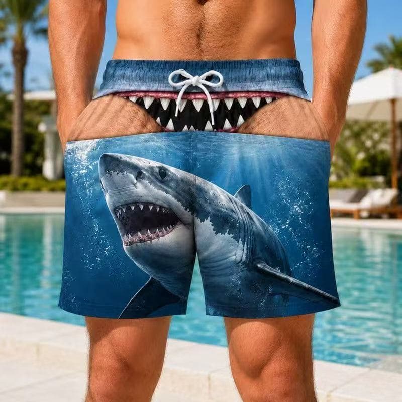 Calções de biquíni divertidos com estampa de tubarão, calções de banho masculinos engraçados, calções de praia criativos