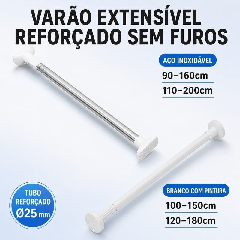Varão Extensível Multiuso 25mm para Cortina Banheiro Sem Furo Branco ou Inox Ajustável