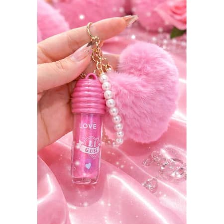 Gloss Labial Rosa Brilho Hidratante com chaveiro de Pompom de coração
