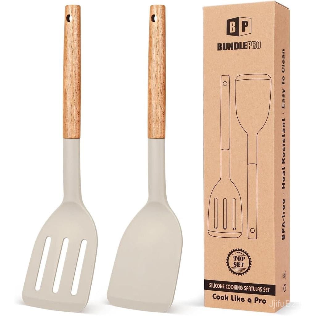 Conjunto de 2 Espátulas de Silicone para Cozinha, Resistentes ao Calor, Espátulas Antiaderentes com Cabo Curto de Madeir