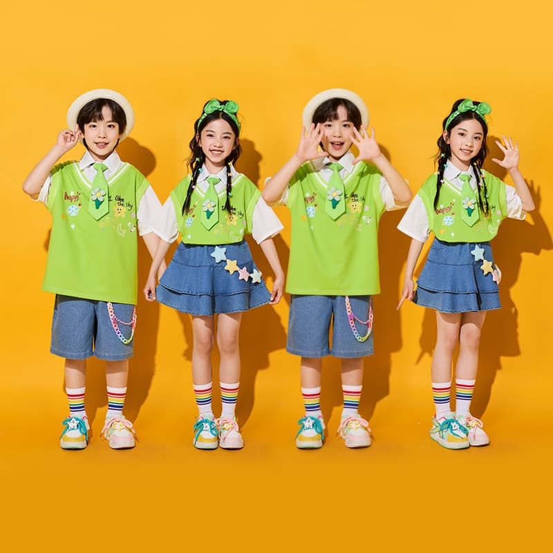 Traje de desempenho infantil estudantes do ensino fundamental jogos Cheerleading classe traje coro desempenho verde