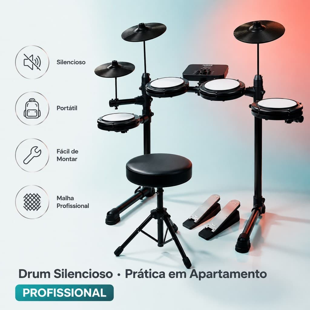 Bateria Eletronica Portatil com Pads Sensíveis e Banco para Pratica em Casa Estudio e Apresentacoes Iniciantes