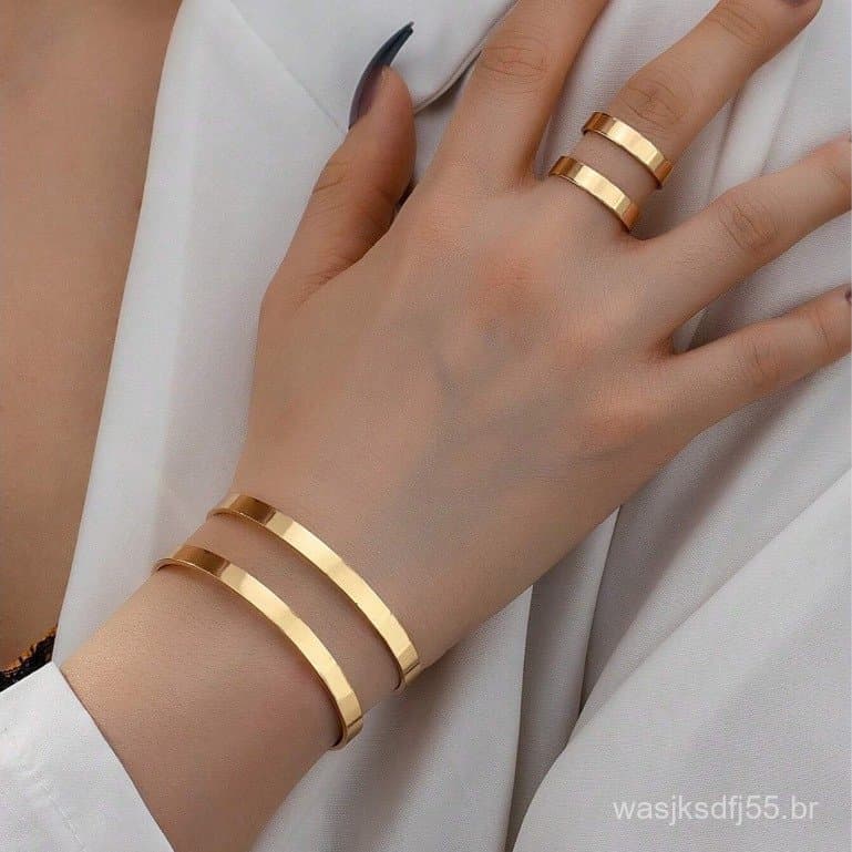 KIT 2 Pulseira + Anel com Minimalista Moda Feminina Jóias Banhado a Ouro18k e Prata 925 Elegância Moderna