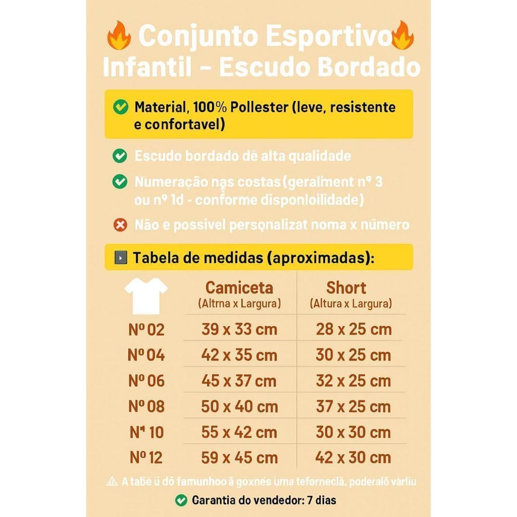 ENVIO EM 24HRS - Kit Infantil e Juvenil Conjunto Times Nacionais 2 ao 14