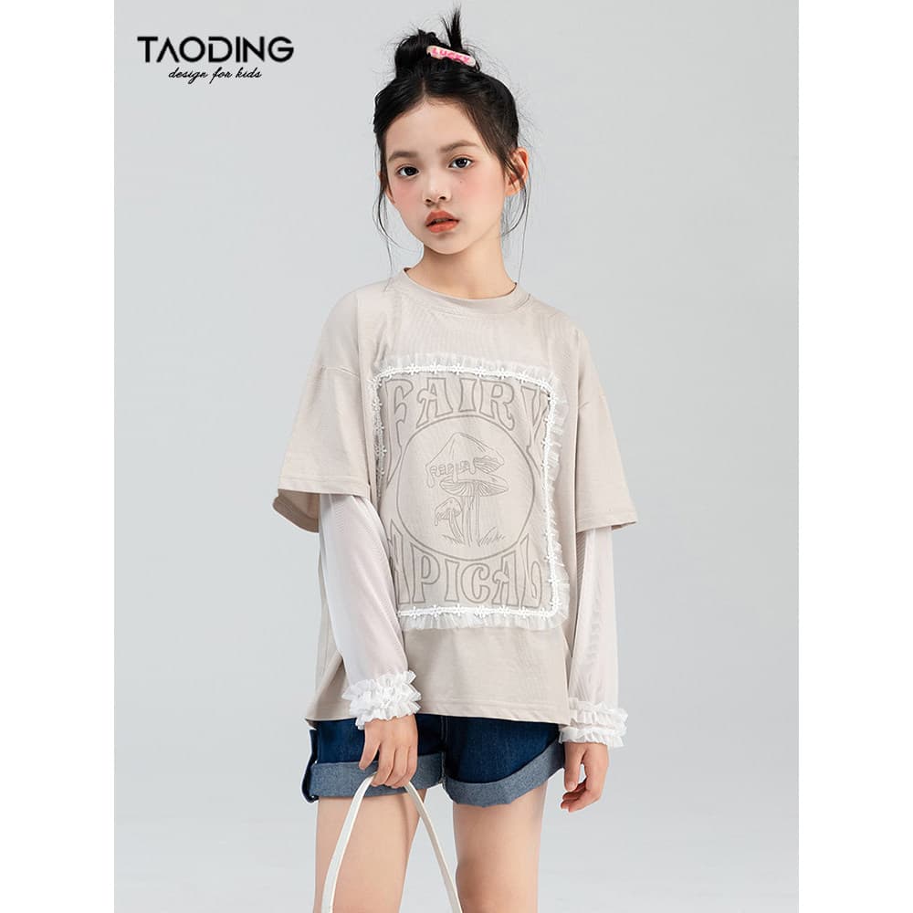 Taoting meninas falso camiseta de duas peças solto verão novo estilo médio grande crianças protetor solar manga impressa