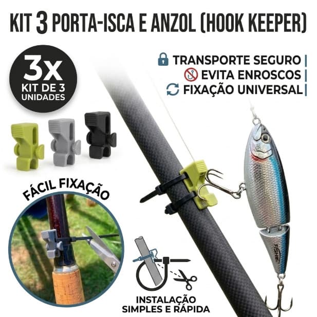 Kit 3 Suportes Porta Isca Hook Keeper Para Vara De Pesca