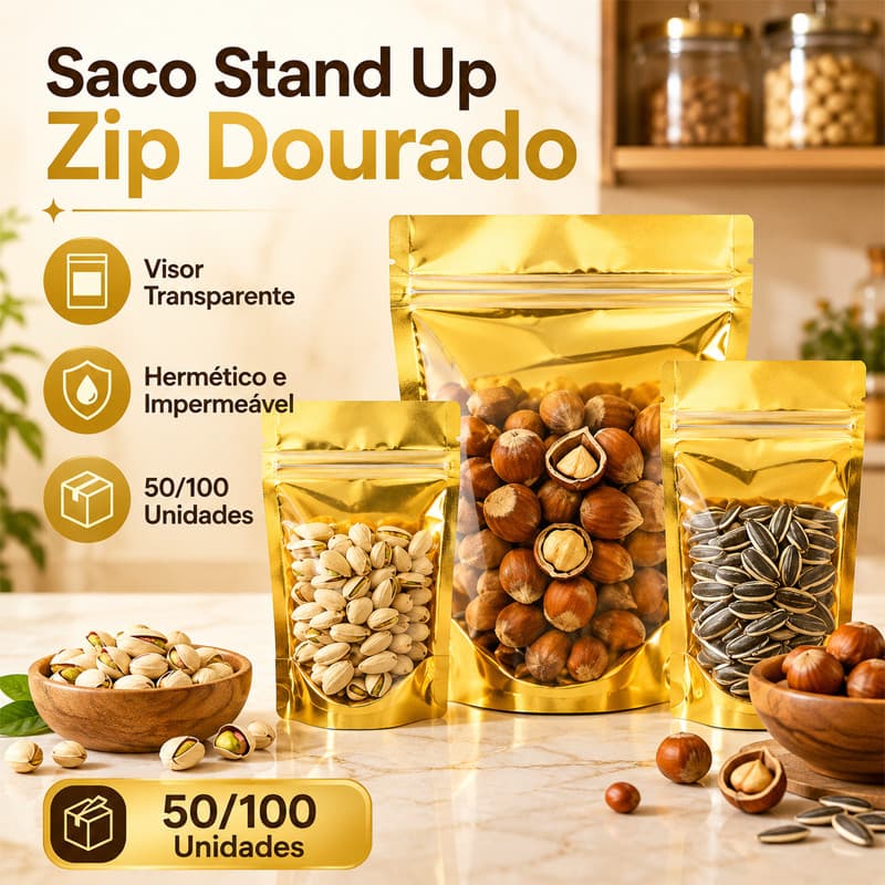Kit Saco Stand Up Pouch Zip Dourado Brilhante com Visor Transparente Hermético e Impermeável 50/100 Unidades