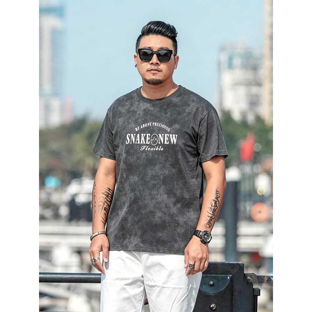 Plus size verão areia lavagem de manga curta camiseta masculina carta impressão solta Street Wear mais gordura plus size