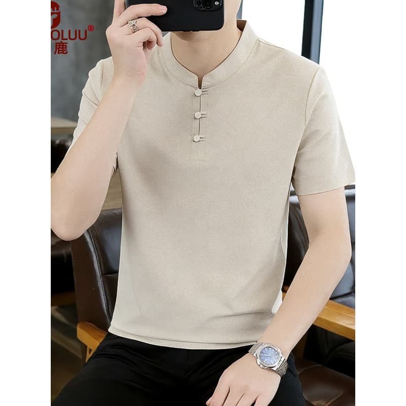 Verão estilo nacional gola alta de manga curta camiseta chinesa masculina Casual topo na moda fino novo estilo metade