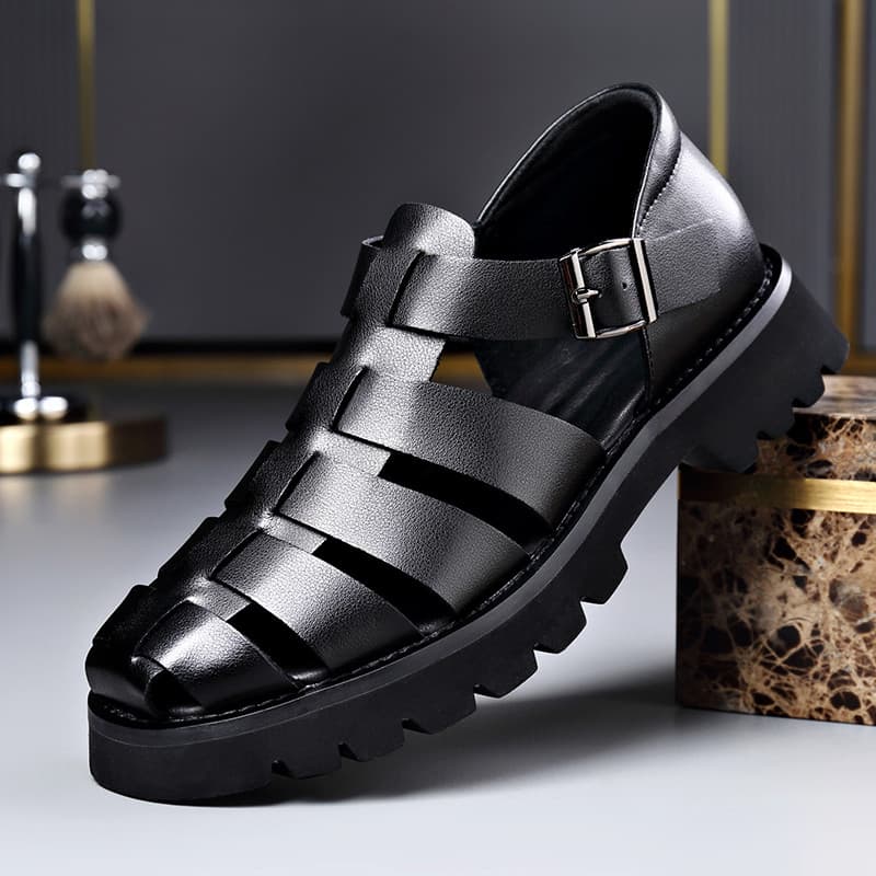 Sandálias romanas masculinas ocas respiráveis de sola grossa sapatos de couro genuíno gaiola de porco sapatos Baotou ant
