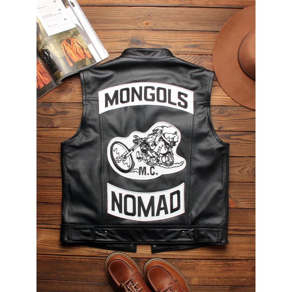 Mongol Gang motocicleta colete de couro genuíno masculino gola alta bordado colete Multi @