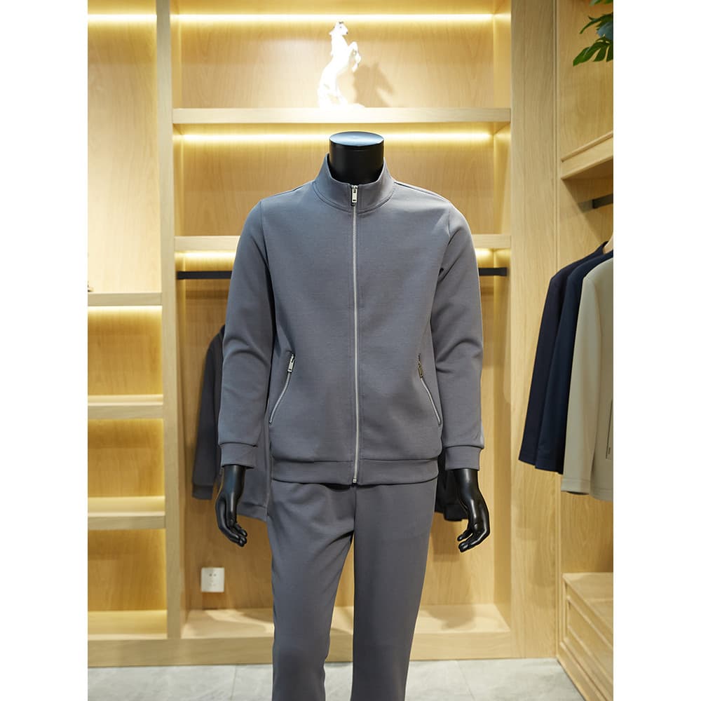 [Terno redutor de idade] Primavera outono moda elástica respirável gola alta terno de duas peças masculino bolso com zíp