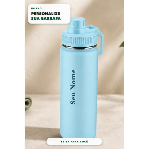 Garrafa Térmica Inox 570ml Personalizada com Nome e Ícone Azul-Celeste, Squeeze Academia, Trabalho, Viagem e Presente