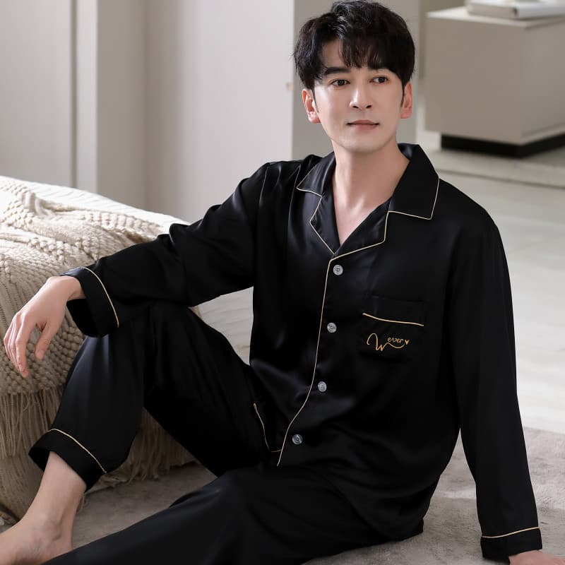 Primavera outono masculino de manga comprida pijamas de seda verão seda estilo fino masculino gelo seda Casual pijamas c