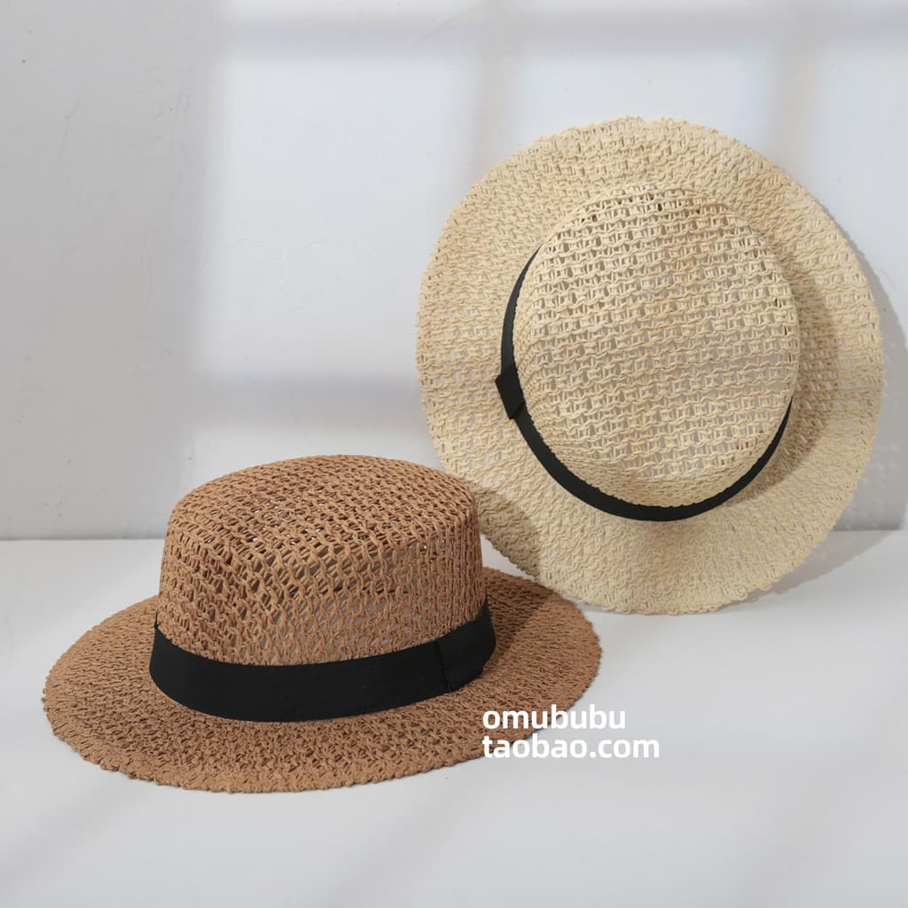 Omububu primavera verão chapéu de palha de aba pequena feminino verão oco chapéu plano feminino férias Casual chapéu sup