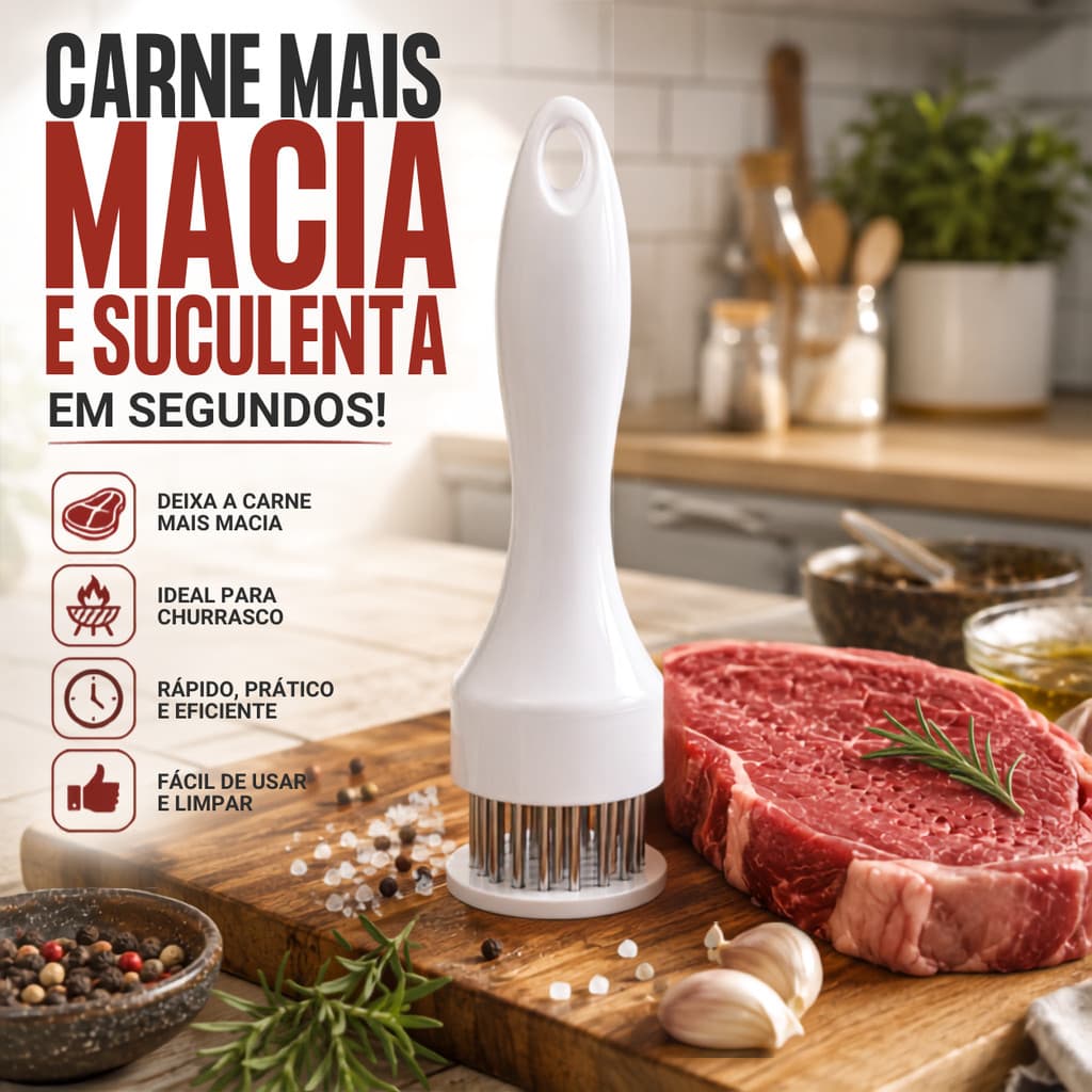 Furador amaciador de carne aço inox manual, facilita marinagem para bife churrasco carnes de ave cozinha prática