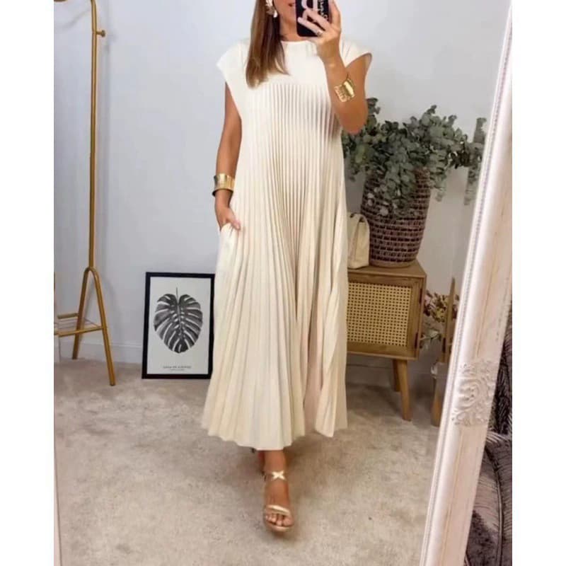 2026 primavera novo estilo vestido Cross-Border feminino elegante moda em torno do pescoço sem mangas plissado vestido l