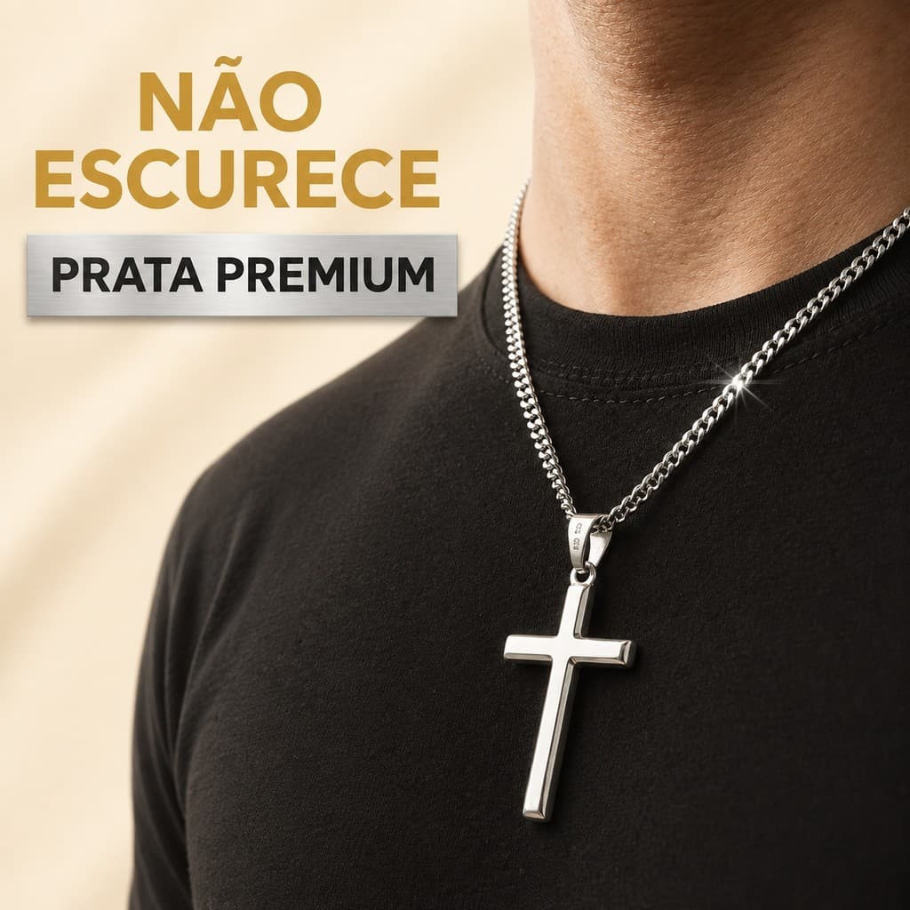 Kit Corrente 3x1 Com Pingente Cruz + Pulseira Masculino Aço Inoxidável Banhado Premium - Prateado/Dourado