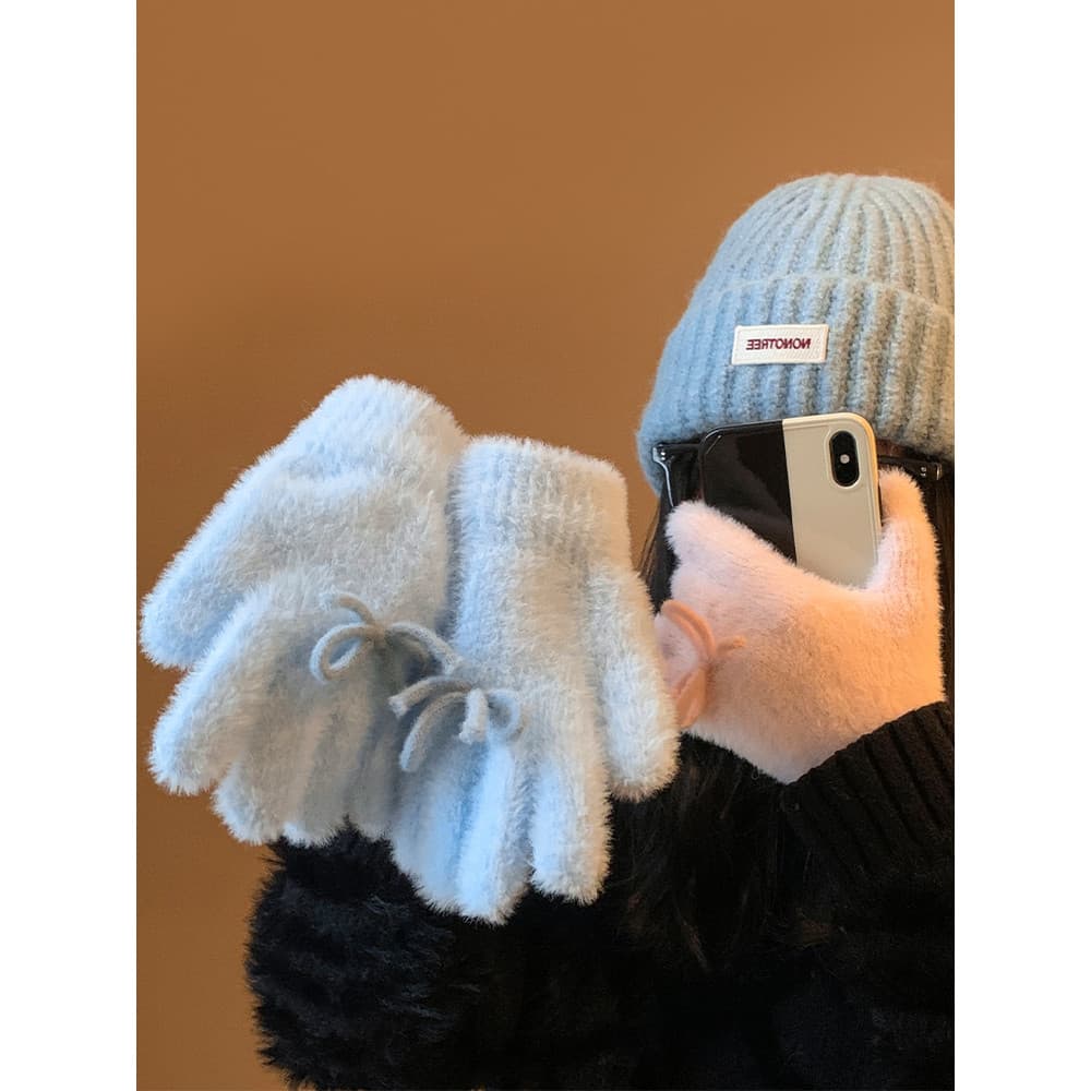Bowknot azul malha luvas de lã feminino inverno Split dedo forro engrossado equitação ao ar livre mantendo quente à prov