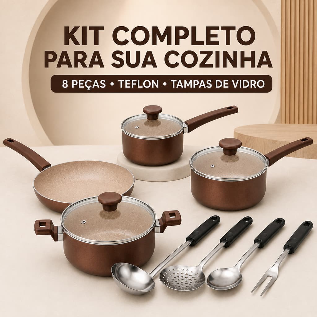 Jogo de Panelas Cerâmica Antiaderente 8 peças Apollo Tampa de Vidro com Utensilios