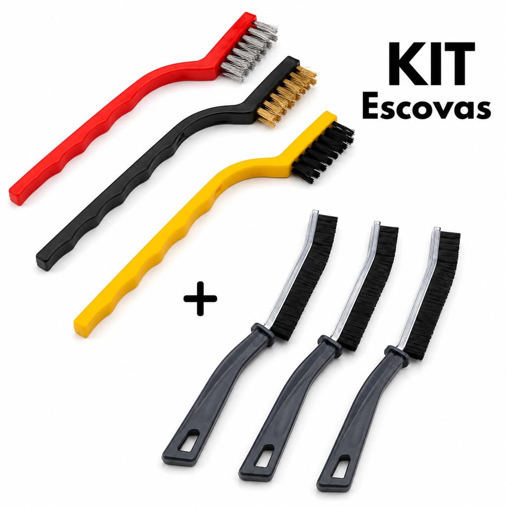 KIT 3 Escova de Aço Latão e Nylon para Grelha e Fogão + 3 Escova Limpa Canto e Frestas Multiuso
